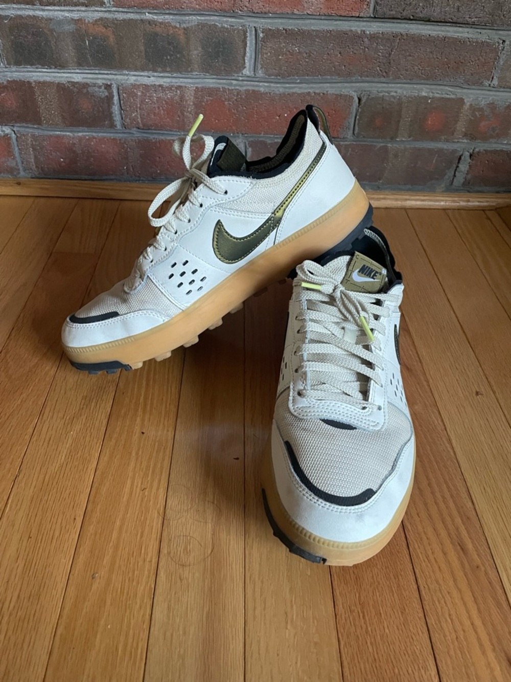 Nike Men's White Sneakers with Olive Swoosh and Gum Sole